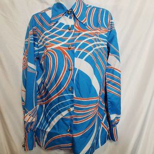 La Baroque Lady Arrow Vintage Blouse Blue Orange White Abstract Brass Buttons